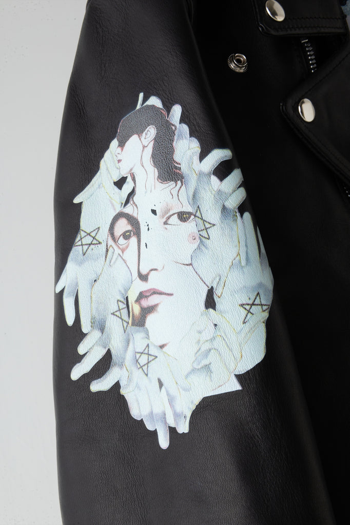 丸尾末広×MADARANINGEN HORSE LEATHER BIKER JACKET (LEATHER COLLAGE PRINT)