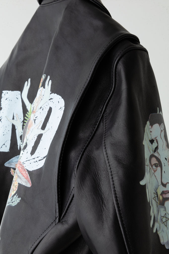 Maruo Suehiro×MADARANINGEN HORSE LEATHER BIKER JACKET (LEATHER COLLAGE PRINT)